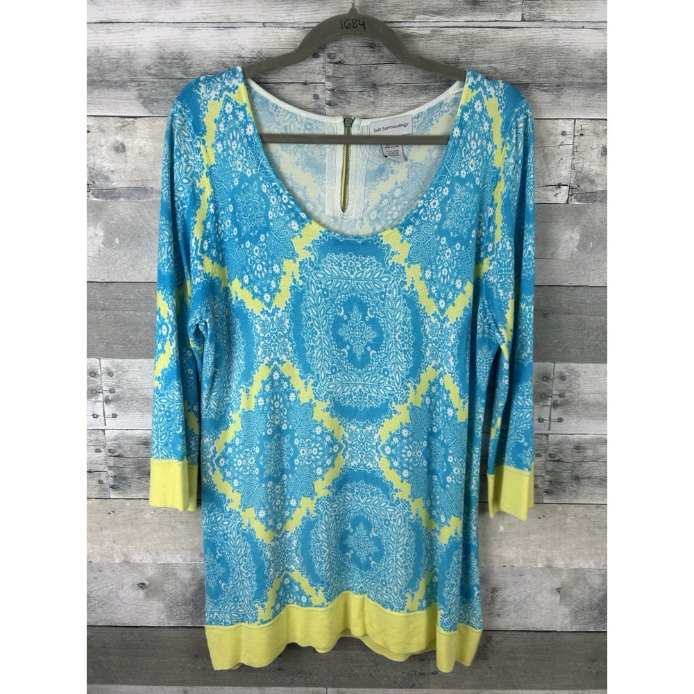 Soft Surroundings Scoop Neck Tunic Mandela Medallion Sweater Blue Yellow Large